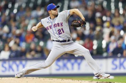 Apr 4, 2023; Milwaukee, Wisconsin, USA;  New York Mets pitcher Max Scherzer (21) throws a pitch during the second inning against the Milwaukee Brewers at American Family Field. Mandatory Credit: Jeff Hanisch-USA TODAY Sports