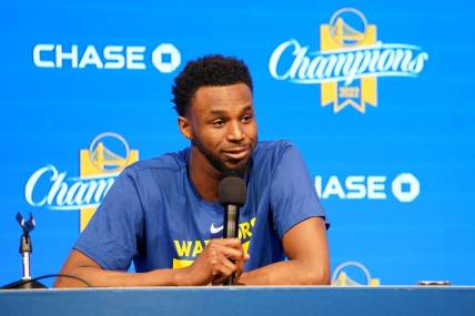 Apr 4, 2023; San Francisco, California, USA; Golden State Warriors forward Andrew Wiggins (22) during a pregame press conference against the Oklahoma City Thunder at the Chase Center. Mandatory Credit: Cary Edmondson-USA TODAY Sports
