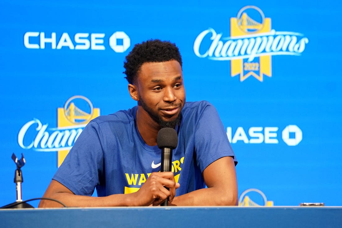 Apr 4, 2023; San Francisco, California, USA; Golden State Warriors forward Andrew Wiggins (22) during a pregame press conference against the Oklahoma City Thunder at the Chase Center. Mandatory Credit: Cary Edmondson-USA TODAY Sports