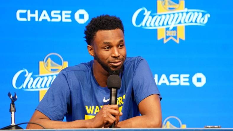 Apr 4, 2023; San Francisco, California, USA; Golden State Warriors forward Andrew Wiggins (22) during a pregame press conference against the Oklahoma City Thunder at the Chase Center. Mandatory Credit: Cary Edmondson-USA TODAY Sports