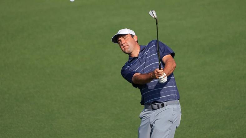 Apr 5, 2023; Augusta, Georgia, USA; Scottie Scheffler plays a shot on the second hole during a practice round for The Masters golf tournament at Augusta National Golf Club. Mandatory Credit: Kyle Terada-USA TODAY Network