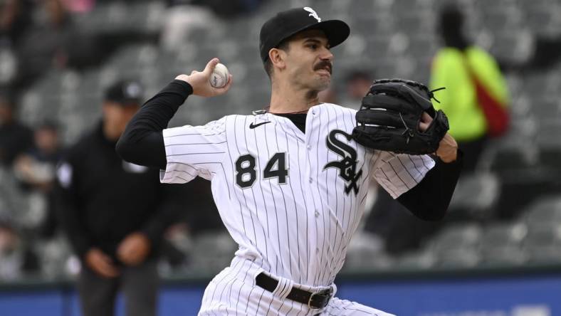 Apr 5, 2023; Chicago, Illinois, USA;  Chicago White Sox starting pitcher Dylan Cease (84) delivers during the first inning against the San Francisco Giants at Guaranteed Rate Field. Mandatory Credit: Matt Marton-USA TODAY Sports