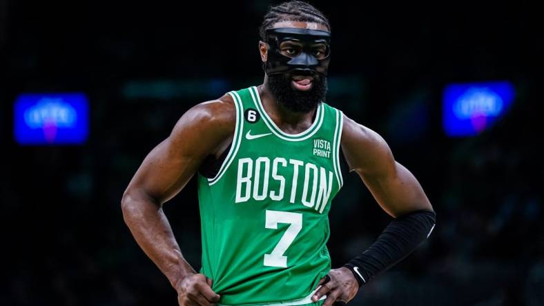 Apr 5, 2023; Boston, Massachusetts, USA; Boston Celtics guard Jaylen Brown (7) on the court against the Toronto Raptors in the second half at TD Garden. Mandatory Credit: David Butler II-USA TODAY Sports