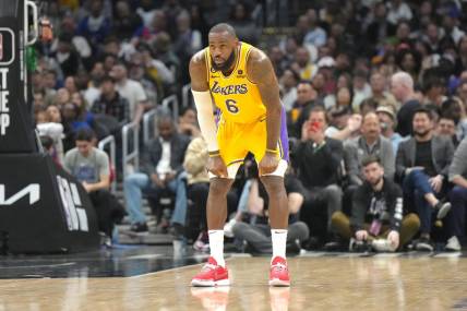 Apr 5, 2023; Los Angeles, California, USA; Los Angeles Lakers forward LeBron James (6) reacts against the LA Clippers in the second half at Crypto.com Arena. Mandatory Credit: Kirby Lee-USA TODAY Sports