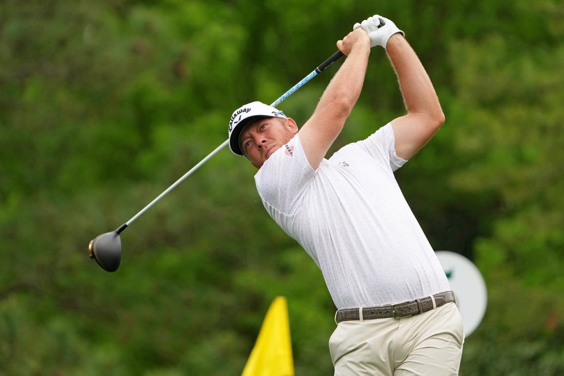 Apr 6, 2023; Augusta, Georgia, USA; Talor Gooch tees off on the fifth hole during the first round of The Masters golf tournament. Mandatory Credit: Kyle Terada-USA TODAY Network