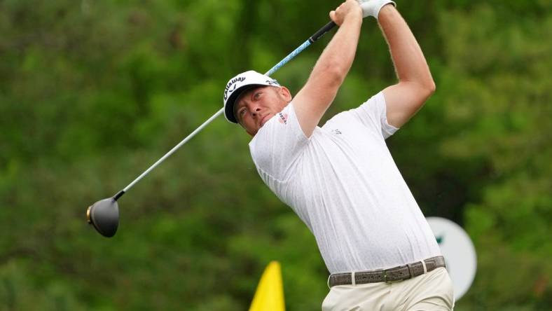 Apr 6, 2023; Augusta, Georgia, USA; Talor Gooch tees off on the fifth hole during the first round of The Masters golf tournament. Mandatory Credit: Kyle Terada-USA TODAY Network