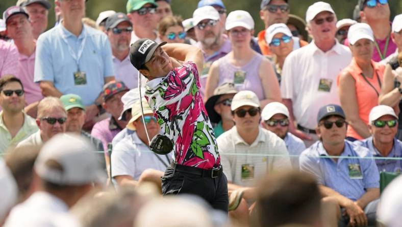 Apr 6, 2023; Augusta, Georgia, USA; Viktor Hovland tees off on the eighth hole during the first round of The Masters golf tournament. Mandatory Credit: Michael Madrid-USA TODAY Network