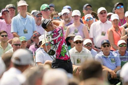 Apr 6, 2023; Augusta, Georgia, USA; Viktor Hovland tees off on the eighth hole during the first round of The Masters golf tournament. Mandatory Credit: Michael Madrid-USA TODAY Network