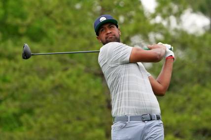 Apr 6, 2023; Augusta, Georgia, USA; Tony Finau tees off on the fifth hole during the first round of The Masters golf tournament. Mandatory Credit: Kyle Terada-USA TODAY Network