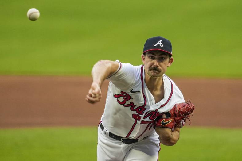 Apr 6, 2023; Cumberland, Georgia, USA; Atlanta Braves starting pitcher Spencer Strider (99) pitches against the San Diego Padres during the first inning at Truist Park. Mandatory Credit: Dale Zanine-USA TODAY Sports