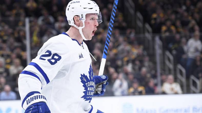 Apr 6, 2023; Boston, Massachusetts, USA; Toronto Maple Leafs center Sam Lafferty (28) reacts after scoring a goal during the second period against the Boston Bruins at TD Garden. Mandatory Credit: Bob DeChiara-USA TODAY Sports