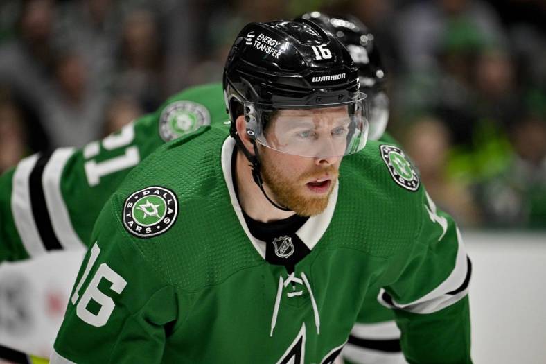 Apr 6, 2023; Dallas, Texas, USA; Dallas Stars center Joe Pavelski (16) waits for the face against the Philadelphia Flyers in the Stars zone during the third period at the American Airlines Center. Mandatory Credit: Jerome Miron-USA TODAY Sports
