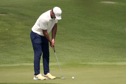 Apr 7, 2023; Augusta, Georgia, USA; Brooks Koepka putts on the 17th green during the second round of The Masters golf tournament. Mandatory Credit: Michael Madrid-USA TODAY Network