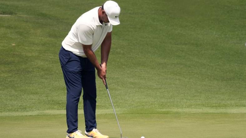 Apr 7, 2023; Augusta, Georgia, USA; Brooks Koepka putts on the 17th green during the second round of The Masters golf tournament. Mandatory Credit: Michael Madrid-USA TODAY Network