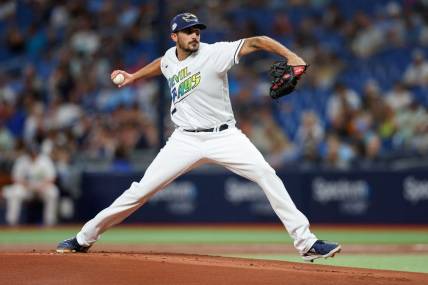 Apr 7, 2023; St. Petersburg, Florida, USA;  Tampa Bay Rays starting pitcher Zach Eflin (24) throws a pitch against the Oakland Athletics in the first inning at Tropicana Field. Mandatory Credit: Nathan Ray Seebeck-USA TODAY Sports