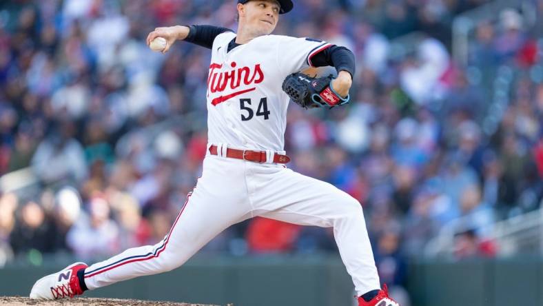 Apr 7, 2023; Minneapolis, Minnesota, USA; Minnesota Twins starting pitcher Sonny Gray (54) pitches to the Houston Astros in the fifth inningat Target Field. Mandatory Credit: Matt Blewett-USA TODAY Sports