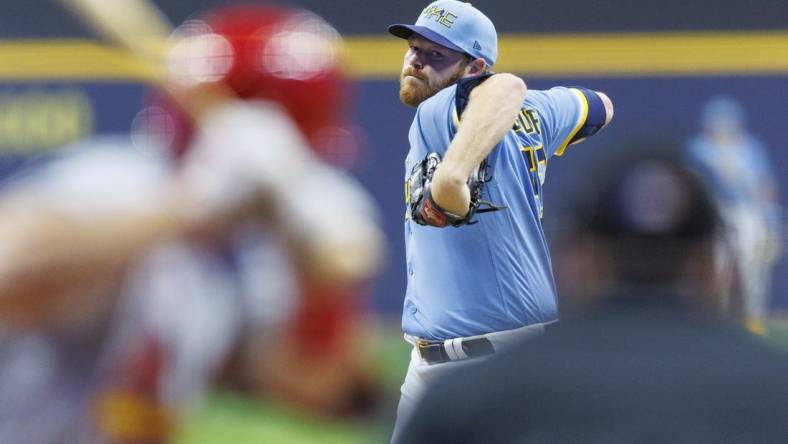 Apr 7, 2023; Milwaukee, Wisconsin, USA;  Milwaukee Brewers pitcher Brandon Woodruff (53) throws a pitch during the first inning against the St. Louis Cardinals at American Family Field. Mandatory Credit: Jeff Hanisch-USA TODAY Sports