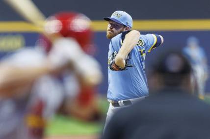 Apr 7, 2023; Milwaukee, Wisconsin, USA;  Milwaukee Brewers pitcher Brandon Woodruff (53) throws a pitch during the first inning against the St. Louis Cardinals at American Family Field. Mandatory Credit: Jeff Hanisch-USA TODAY Sports