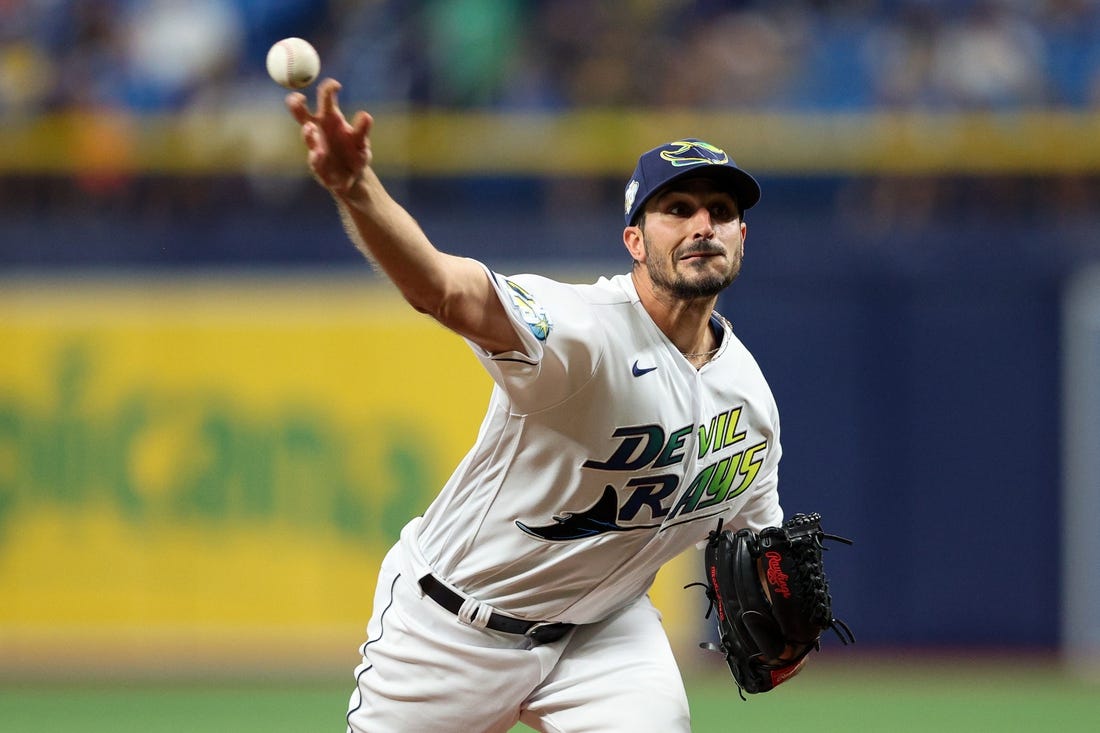 March 14, 2023, St. Petersburg, FL USA; Tampa Bay Rays starting pitcher  Zach Eflin (24) delivers a pitch during an MLB spring training game against  th Stock Photo - Alamy