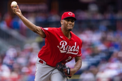 Apr 7, 2023; Philadelphia, Pennsylvania, USA; Cincinnati Reds starting pitcher Hunter Greene (21) throws a pitch during the second inning against the Philadelphia Phillies at Citizens Bank Park. Mandatory Credit: Bill Streicher-USA TODAY Sports