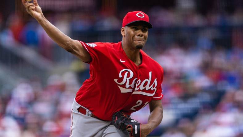 Apr 7, 2023; Philadelphia, Pennsylvania, USA; Cincinnati Reds starting pitcher Hunter Greene (21) throws a pitch during the second inning against the Philadelphia Phillies at Citizens Bank Park. Mandatory Credit: Bill Streicher-USA TODAY Sports