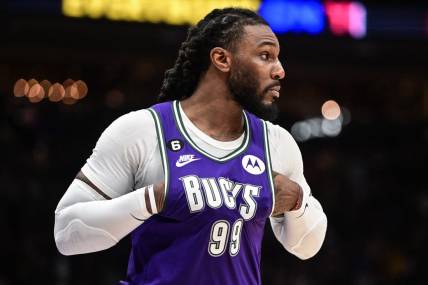 Apr 7, 2023; Milwaukee, Wisconsin, USA;  Milwaukee Bucks forward Jae Crowder (99) reacts in the fourth quarter during game against the Memphis Grizzlies at Fiserv Forum. Mandatory Credit: Benny Sieu-USA TODAY Sports