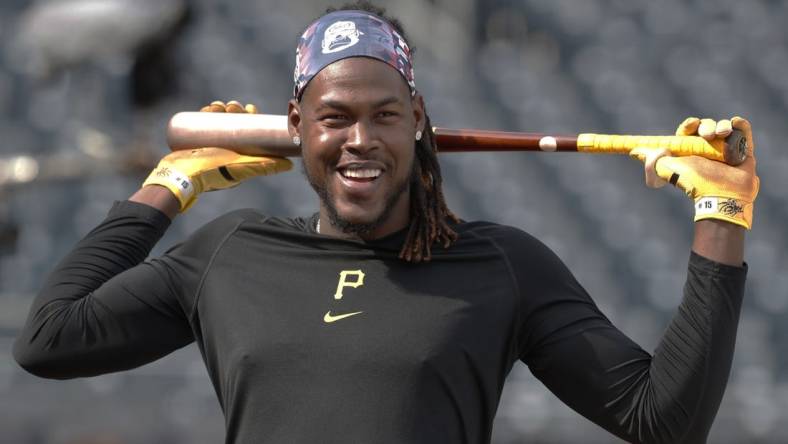 Apr 8, 2023; Pittsburgh, Pennsylvania, USA;  Pittsburgh Pirates shortstop Oneil Cruz (15) reacts at the batting cage before the game against the Chicago White Sox at PNC Park. Mandatory Credit: Charles LeClaire-USA TODAY Sports