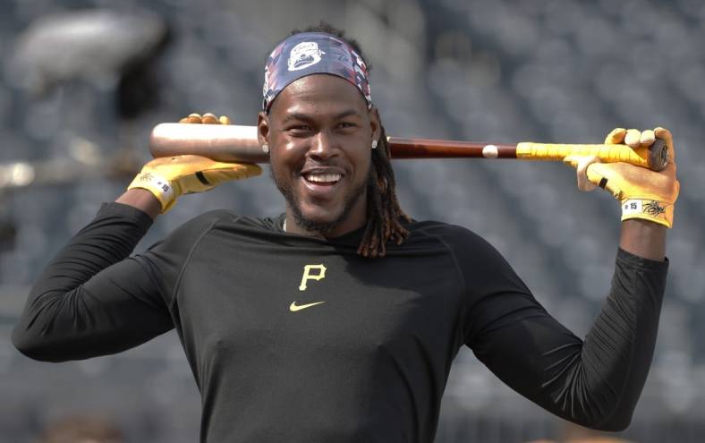 Apr 8, 2023; Pittsburgh, Pennsylvania, USA;  Pittsburgh Pirates shortstop Oneil Cruz (15) reacts at the batting cage before the game against the Chicago White Sox at PNC Park. Mandatory Credit: Charles LeClaire-USA TODAY Sports