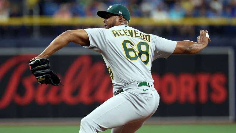 Apr 8, 2023; St. Petersburg, Florida, USA; Oakland Athletics relief pitcher Domingo Acevedo (68) throws a pitch during the sixth inning against the Tampa Bay Rays at Tropicana Field. Mandatory Credit: Kim Klement-USA TODAY Sports