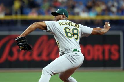 Apr 8, 2023; St. Petersburg, Florida, USA; Oakland Athletics relief pitcher Domingo Acevedo (68) throws a pitch during the sixth inning against the Tampa Bay Rays at Tropicana Field. Mandatory Credit: Kim Klement-USA TODAY Sports