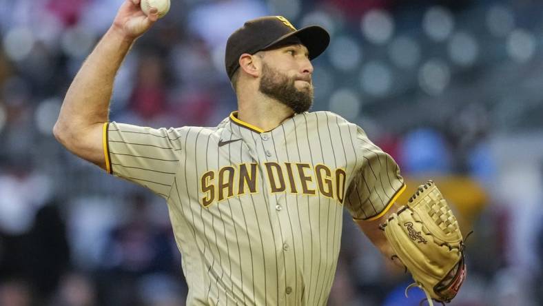 Apr 8, 2023; Cumberland, Georgia, USA; San Diego Padres starting pitcher Michael Wacha (52) pitches against the Atlanta Braves during the first inning at Truist Park. Mandatory Credit: Dale Zanine-USA TODAY Sports