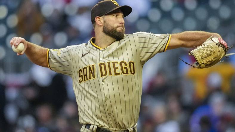 Apr 8, 2023; Cumberland, Georgia, USA; San Diego Padres starting pitcher Michael Wacha (52) pitches against the Atlanta Braves during the first inning at Truist Park. Mandatory Credit: Dale Zanine-USA TODAY Sports