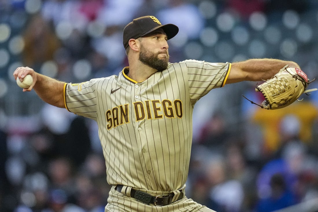 Apr 8, 2023; Cumberland, Georgia, USA; San Diego Padres starting pitcher Michael Wacha (52) pitches against the Atlanta Braves during the first inning at Truist Park. Mandatory Credit: Dale Zanine-USA TODAY Sports