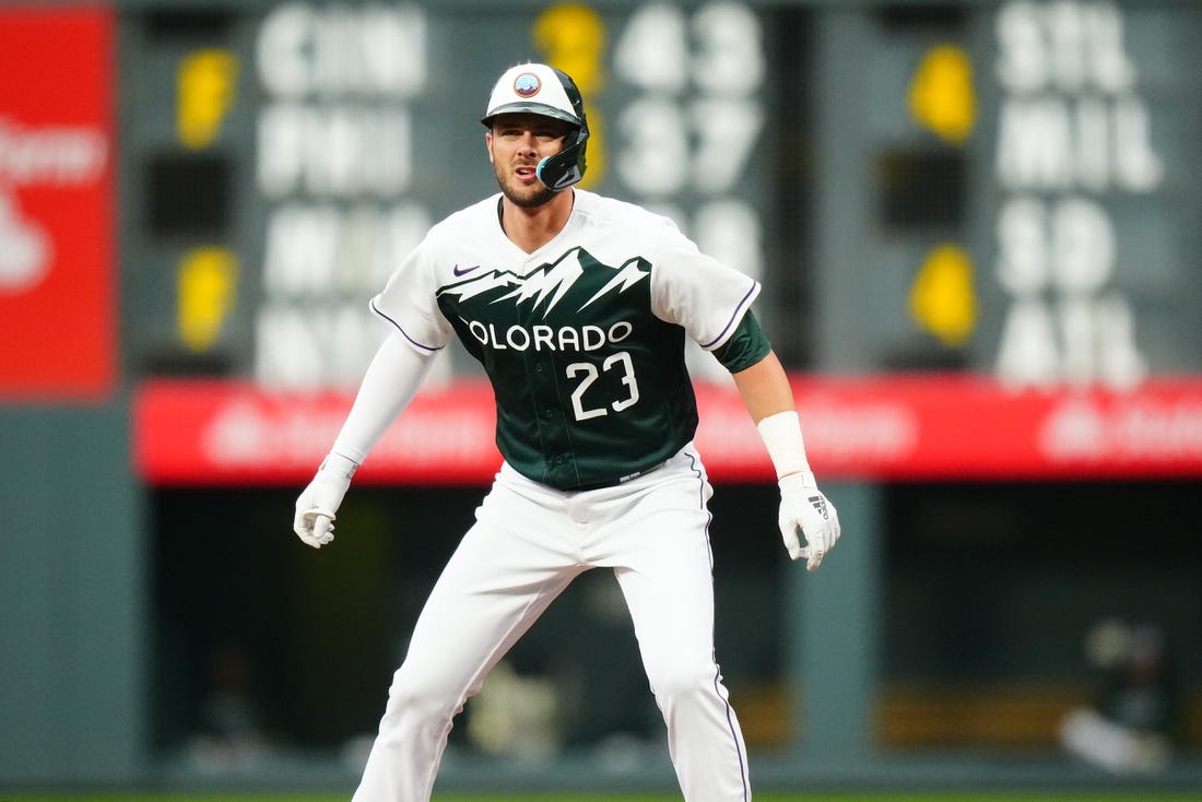 Apr 8, 2023; Denver, Colorado, USA; Colorado Rockies right fielder Kris Bryant (23) during the first inning against the Washington Nationals at Coors Field. Mandatory Credit: Ron Chenoy-USA TODAY Sports