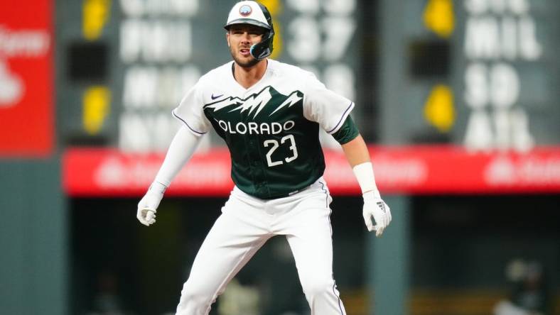 Apr 8, 2023; Denver, Colorado, USA; Colorado Rockies right fielder Kris Bryant (23) during the first inning against the Washington Nationals at Coors Field. Mandatory Credit: Ron Chenoy-USA TODAY Sports