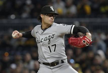 Apr 8, 2023; Pittsburgh, Pennsylvania, USA;  Chicago White Sox relief pitcher Joe Kelly (17) pitches against the Pittsburgh Pirates during the sixth inning at PNC Park. Mandatory Credit: Charles LeClaire-USA TODAY Sports