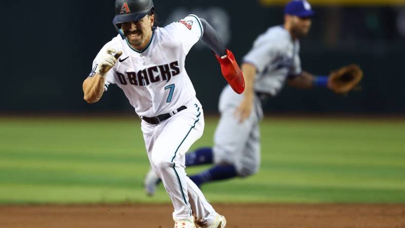 Apr 8, 2023; Phoenix, Arizona, USA; Arizona Diamondbacks outfielder Corbin Carroll runs the bases in the fifth inning against the Los Angeles Dodgers at Chase Field. Mandatory Credit: Mark J. Rebilas-USA TODAY Sports