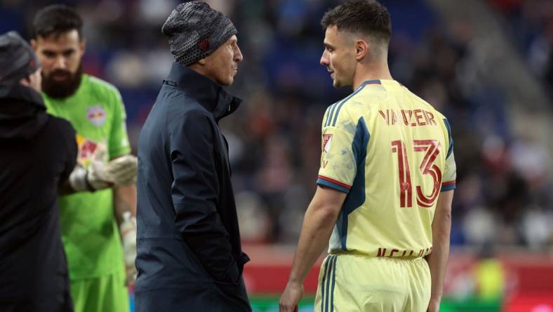 Apr 8, 2023; Harrison, New Jersey, USA; New York Red Bulls forward Dante Vanzeir (13) talks with head coach Gerhard Struber in the second half against the San Jose Earthquakes at Red Bull Arena. Mandatory Credit: Vincent Carchietta-USA TODAY Sports