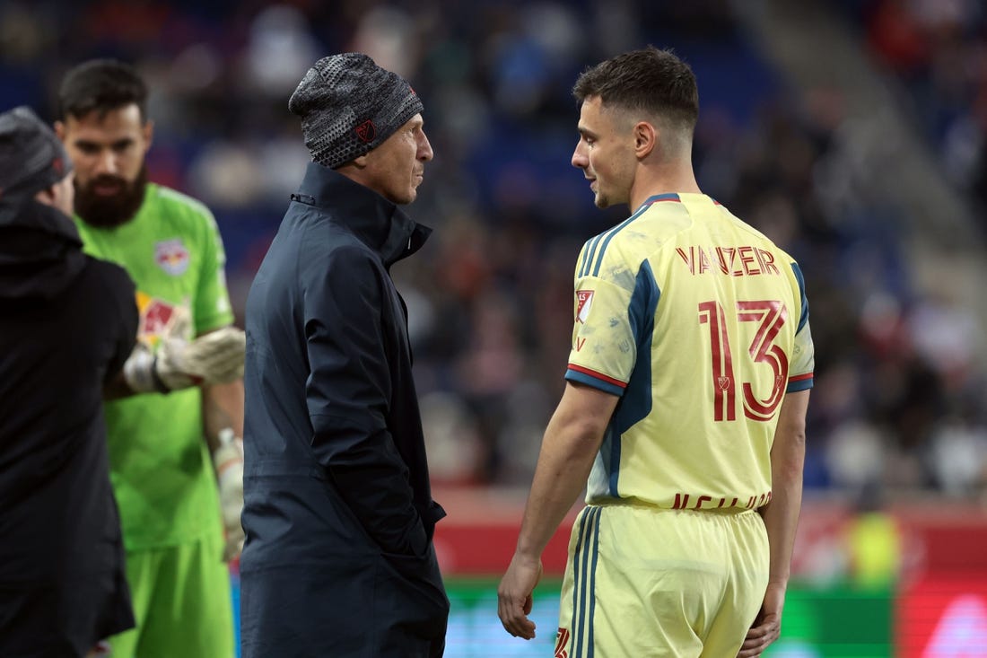 Apr 8, 2023; Harrison, New Jersey, USA; New York Red Bulls forward Dante Vanzeir (13) talks with head coach Gerhard Struber in the second half against the San Jose Earthquakes at Red Bull Arena. Mandatory Credit: Vincent Carchietta-USA TODAY Sports