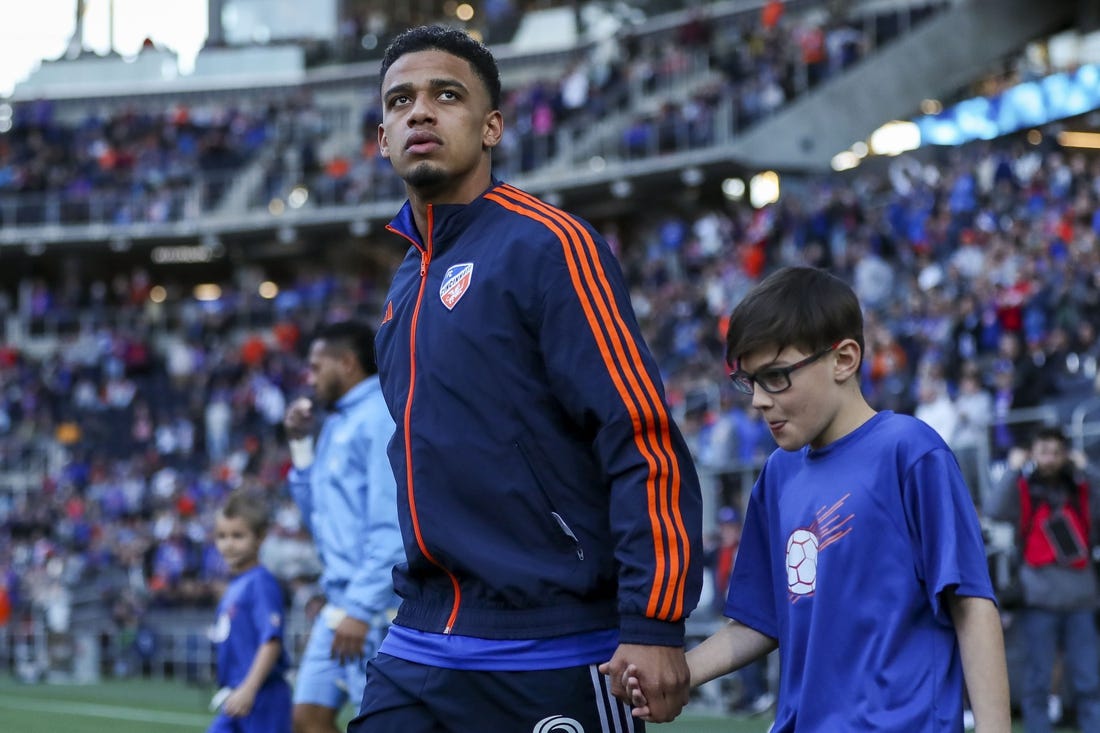 Apr 8, 2023; Cincinnati, Ohio, USA; FC Cincinnati forward Brenner (9) walks onto the field prior to the game against Philadelphia Union at TQL Stadium. Mandatory Credit: Katie Stratman-USA TODAY Sports