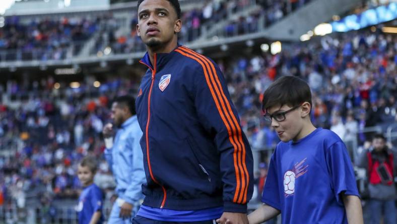 Apr 8, 2023; Cincinnati, Ohio, USA; FC Cincinnati forward Brenner (9) walks onto the field prior to the game against Philadelphia Union at TQL Stadium. Mandatory Credit: Katie Stratman-USA TODAY Sports