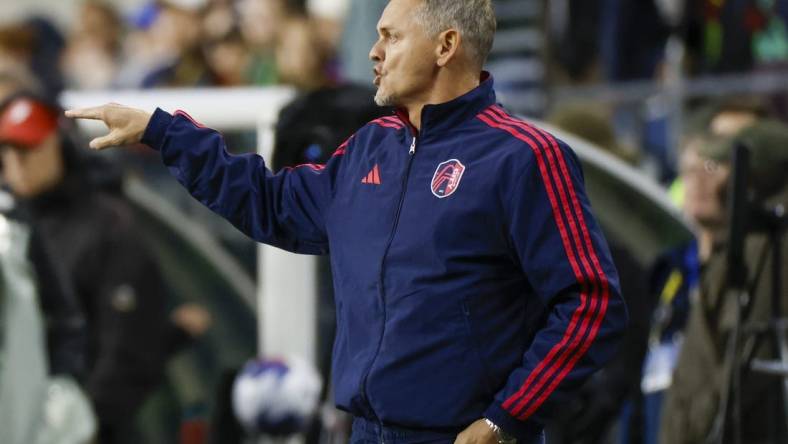 Apr 8, 2023; Seattle, Washington, USA; St. Louis City head coach Bradley Carnell gives instructions to players during the first half against the Seattle Sounders FC at Lumen Field. Mandatory Credit: Joe Nicholson-USA TODAY Sports