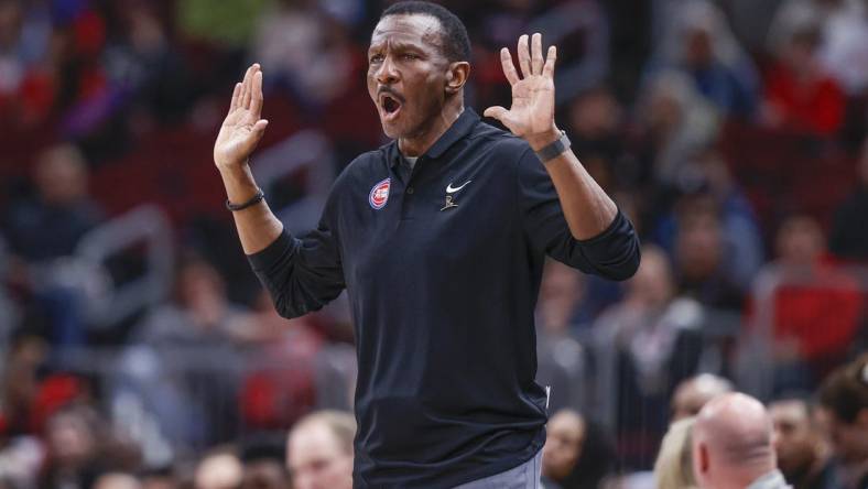 Apr 9, 2023; Chicago, Illinois, USA; Detroit Pistons head coach Dwane Casey reacts during the first half at United Center. Mandatory Credit: Kamil Krzaczynski-USA TODAY Sports