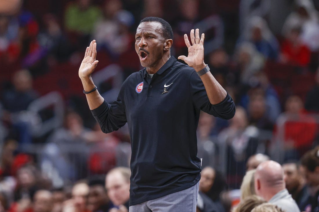 Apr 9, 2023; Chicago, Illinois, USA; Detroit Pistons head coach Dwane Casey reacts during the first half at United Center. Mandatory Credit: Kamil Krzaczynski-USA TODAY Sports