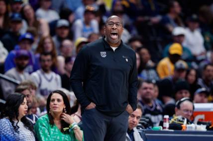 Apr 9, 2023; Denver, Colorado, USA; Sacramento Kings head coach Mike Brown in the second quarter against the Denver Nuggets at Ball Arena. Mandatory Credit: Isaiah J. Downing-USA TODAY Sports