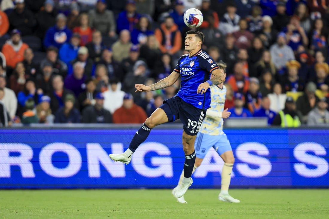 Apr 8, 2023; Cincinnati, Ohio, USA;  FC Cincinnati forward Brandon Vazquez (19) heads the ball against the Philadelphia Union at TQL Stadium. Mandatory Credit: Aaron Doster-USA TODAY Sports