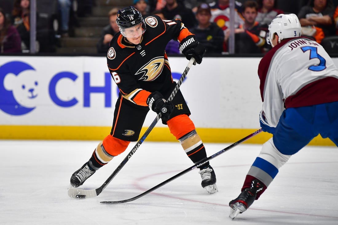 Apr 9, 2023; Anaheim, California, USA; Anaheim Ducks center Ryan Strome (16) shoots on goal against the defense of Colorado Avalanche defenseman Jack Johnson (3) during the second period at Honda Center. Mandatory Credit: Gary A. Vasquez-USA TODAY Sports