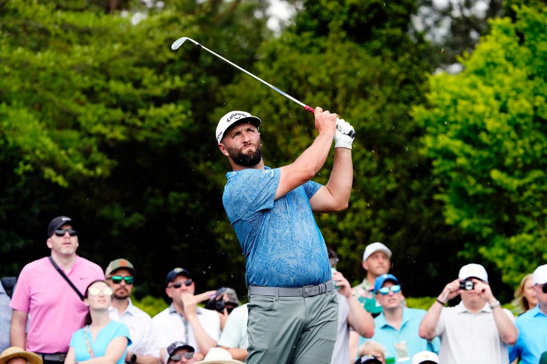 Jon Rahm tees off on no. 3 during the Par 3 Contest at The Masters golf tournament at the Augusta National Golf Club in Augusta, Ga., on April 5, 2023.

Pga Par 3 Contest