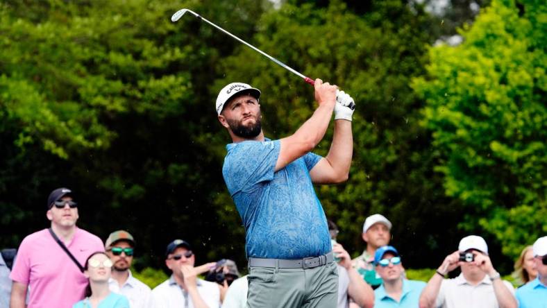 Jon Rahm tees off on no. 3 during the Par 3 Contest at The Masters golf tournament at the Augusta National Golf Club in Augusta, Ga., on April 5, 2023.

Pga Par 3 Contest