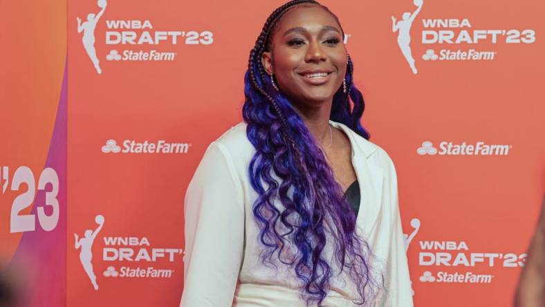 Apr 10, 2023; New York, NY, USA;  Aliyah Boston poses for a photo before the WNBA Draft 2023 at Spring Studio. Mandatory Credit: Vincent Carchietta-USA TODAY Sports